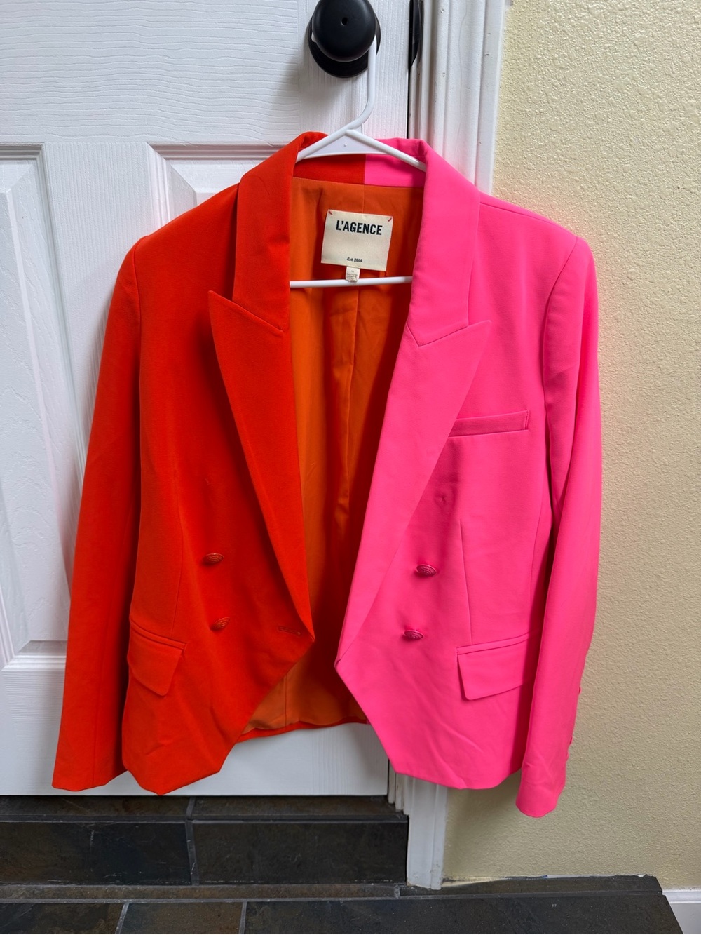 L'AGENCE Colorblock Pink & Orange/Red Double-Breasted Blazer